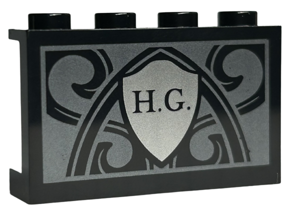 Panel 1 x 4 x 2 with Side Supports - Hollow Studs with 'H.G.' on Silver Shield and Ornate Pearl Dark Gray Background Pattern