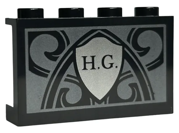 Panel 1 x 4 x 2 with Side Supports - Hollow Studs with 'H.G.' on Silver Shield and Ornate Pearl Dark Gray Background Pattern