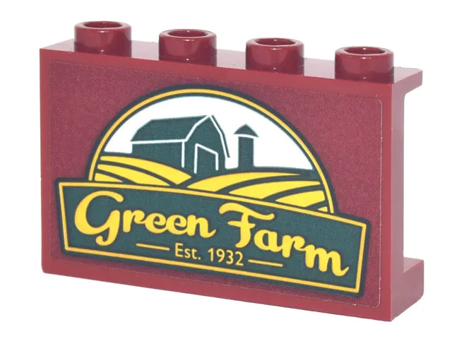 Panel 1 x 4 x 2 with Side Supports - Hollow Studs with Sign, Yellow 'Green Farm Est. 1932' and Dark Green Barn and Silo Pattern (Sticker) - Set 10290