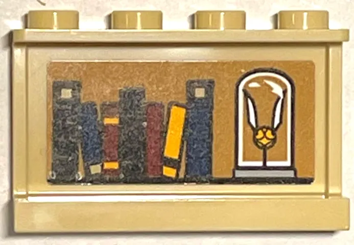 Panel 1 x 4 x 2 with Side Supports - Hollow Studs with Books and Golden Snitch in Glass Container on Medium Nougat Background Pattern (Sticker) - Set 76399