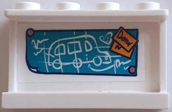 Panel 1 x 4 x 2 with Side Supports - Hollow Studs with White Bus Drawing on Dark Turquoise Poster and 'David' on Sticky Notes Pattern (Sticker) - Set 41395