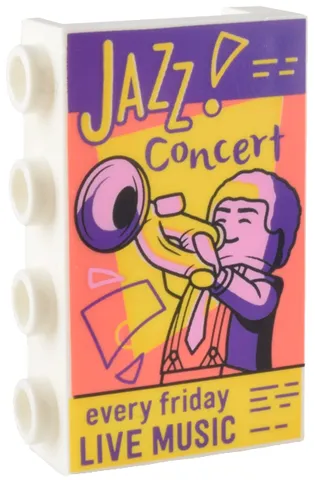 Panel 1 x 4 x 2 with Side Supports - Hollow Studs with Bright Pink, Coral, Dark Purple, and Yellow Poster of Minifigure with Trumpet, 'JAZZ! Concert', and 'every friday LIVE MUSIC' Pattern