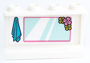 Panel 1 x 4 x 2 with Side Supports - Hollow Studs with Medium Azure Towel and Light Aqua Mirror with Flowers and Dark Pink Border Pattern (Sticker) - Set 41429