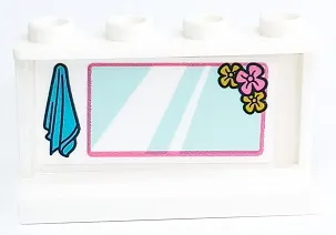 Panel 1 x 4 x 2 with Side Supports - Hollow Studs with Medium Azure Towel and Light Aqua Mirror with Flowers and Dark Pink Border Pattern (Sticker) - Set 41429