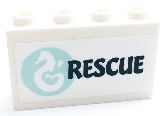 Panel 1 x 4 x 2 with Side Supports - Hollow Studs with Seahorse in Light Aqua Circle and Dark Blue 'RESCUE' Pattern Model Left Side (Sticker) - Set 41381