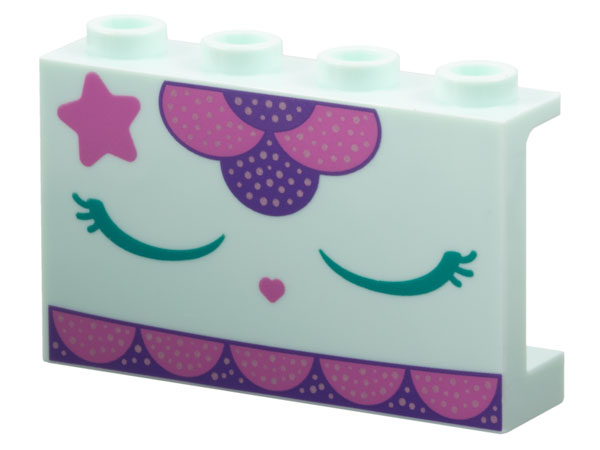Panel 1 x 4 x 2 with Side Supports - Hollow Studs with Dark Turquoise Closed Eyes with Eyelashes, Dark Pink Star and Heart Nose, Dark Purple Scalloped Trim with Metallic Pink Dots Pattern