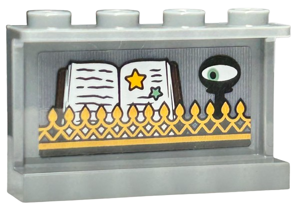Panel 1 x 4 x 2 with Side Supports - Hollow Studs with Gold Ornate Fence with Spikes, Sand Green Eye in Black Stand, Open Book with Writing and Stars Pattern (Sticker) - Set 76411