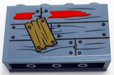 Panel 1 x 4 x 2 with Side Supports - Hollow Studs with Wooden Boards, Wood Grain, Nails, Red Paint and Dark Tan Patch Pattern (Sticker) - Set 70422