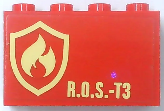 Panel 1 x 4 x 2 with Side Supports - Hollow Studs with Bright Light Yellow Fire Logo Badge and 'R.O.S.-T3' Pattern (Sticker) - Set 60216