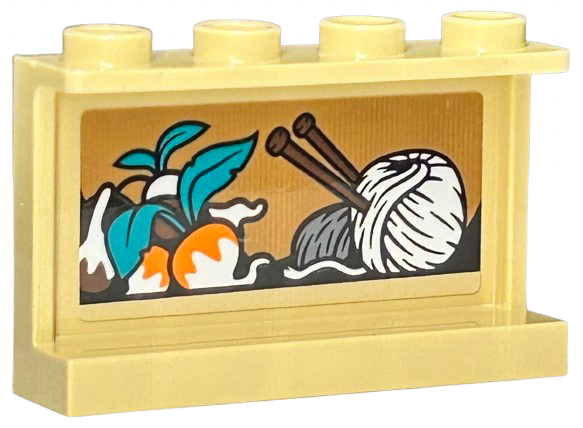 Panel 1 x 4 x 2 with Side Supports - Hollow Studs with Light Bluish Gray and White Yarn, Reddish Brown Knitting Needles and Orange Root Vegetables with Dark Turquoise Leaves Pattern (Sticker) - Set 76428