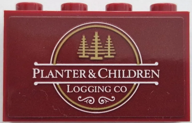 Panel 1 x 4 x 2 with Side Supports - Hollow Studs with 3 Dark Tan Pine Trees in Circle and White 'PLANTER & CHILDREN' and 'LOGGING CO' Pattern (Sticker) - Set 910035