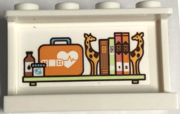 Panel 1 x 4 x 2 with Side Supports - Hollow Studs with Bottle, Jar, First Aid Kit, Books and Giraffes on Shelf Pattern (Sticker) - Set 41717