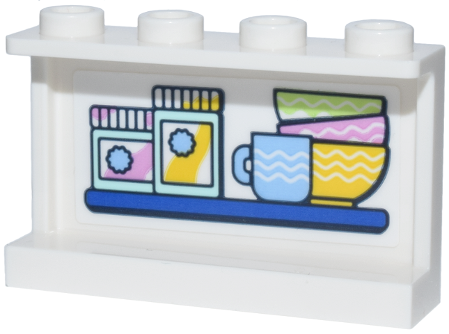 Panel 1 x 4 x 2 with Side Supports - Hollow Studs with Blue Shelf with Bright Light Blue, Bright Pink, Yellow and Yellowish Green Jars, Mug and Bowls Pattern (Sticker) - Set 42670