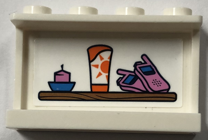 Panel 1 x 4 x 2 with Side Supports - Hollow Studs with Candle, Sunscreen, and Walkie-Talkies on Shelf Pattern (Sticker) - Set 41702