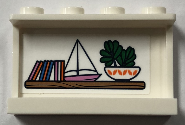 Panel 1 x 4 x 2 with Side Supports - Hollow Studs with Books, Boat, and Potted Plant on Shelf Pattern (Sticker) - Set 41702