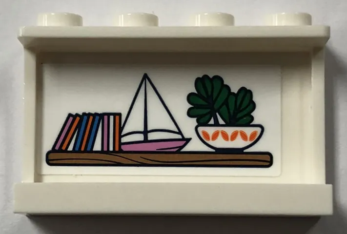 Panel 1 x 4 x 2 with Side Supports - Hollow Studs with Books, Boat, and Potted Plant on Shelf Pattern (Sticker) - Set 41702