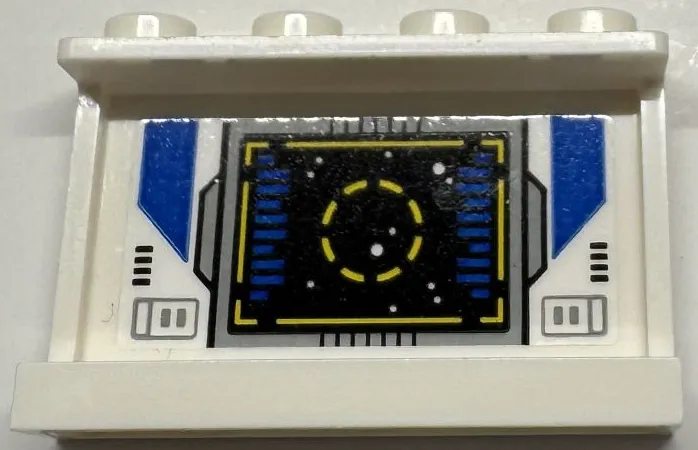 Panel 1 x 4 x 2 with Side Supports - Hollow Studs with Screen, Yellow Target and Border, Light Bluish Gray Frame, Blue Lines and Side Panels, Stars on Black Background Pattern (Sticker) - Set 75293
