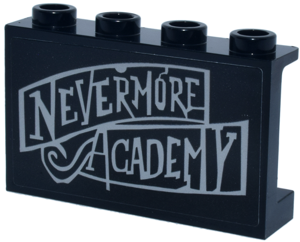 Panel 1 x 4 x 2 with Side Supports - Hollow Studs with Light Bluish Gray 'NEVERMORE ACADEMY' Sign Pattern (Sticker) - Set 76784