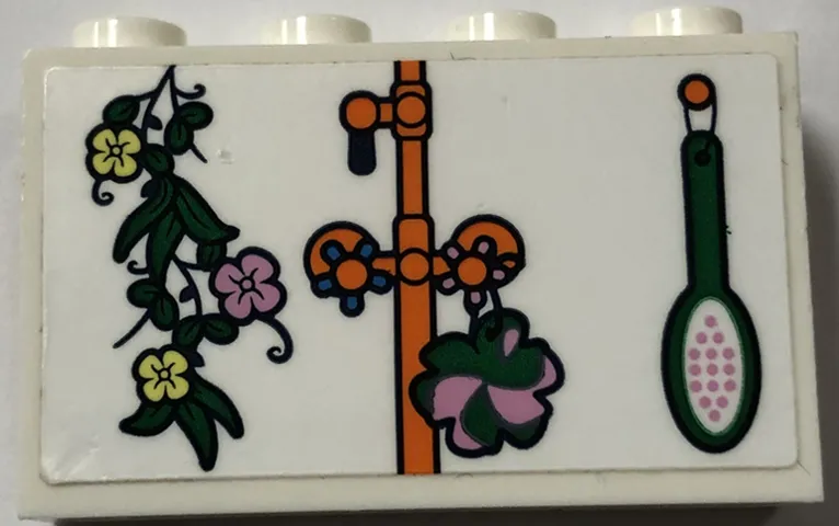 Panel 1 x 4 x 2 with Side Supports - Hollow Studs with Plant and Flowers, Hanging Brush, Orange Pipes and Taps Pattern (Sticker) - Set 41702