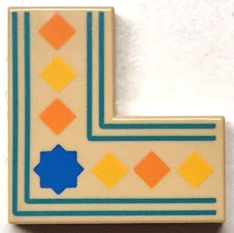 Tile 2 x 2 Corner with Orange and Yellow Squares, Blue Star, Dark Turquoise Border Lines Pattern