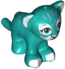 Cat, Friends Style, Large, Baby Cub (Tiger) with Dark Turquoise Eyes, Black Nose, Metallic Light Blue Stripes and White Inner Ears, Eye Patches, Muzzle and Paws Pattern