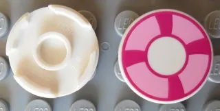 Tile, Round 2 x 2 with Bottom Stud Holder with Magenta and Bright Pink Life Preserver, Curved Bands Pattern