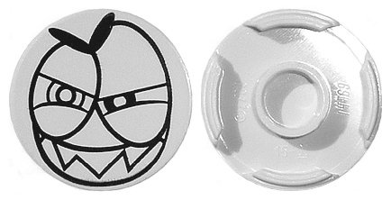 Tile, Round 2 x 2 with Bottom Stud Holder with Black Large Squinting Eyes and Wide Grin with Sharp Teeth (Nixel Face) Pattern
