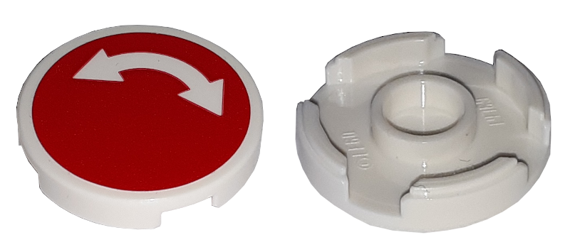 Tile, Round 2 x 2 with Bottom Stud Holder with White Curved Arrow Double on Red Background Pattern (Sticker) - Sets 60052 / 60198 / 60200 / 60233