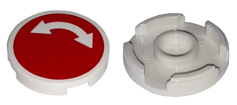 Tile, Round 2 x 2 with Bottom Stud Holder with White Curved Arrow Double on Red Background Pattern (Sticker) - Sets 60052 / 60198 / 60200 / 60233