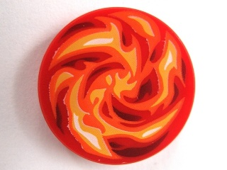 Tile, Round 2 x 2 with Bottom Stud Holder with Dark Red, Orange, Red, White and Yellow Swirled Fire Pattern