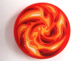 Tile, Round 2 x 2 with Bottom Stud Holder with Dark Red, Orange, Red, White and Yellow Swirled Fire Pattern