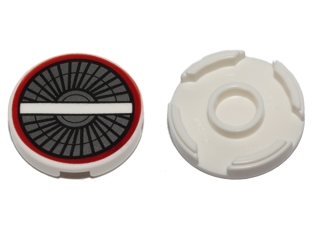 Tile, Round 2 x 2 with Bottom Stud Holder with Engine Inlet, Vanes, White Crossbar and Dark Red Circle Pattern