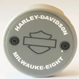 Tile, Round 2 x 2 with Bottom Stud Holder with Silver 'HARLEY-DAVIDSON' and 'MILWAUKE-EIGHT' Pattern (Sticker) - Set 10269