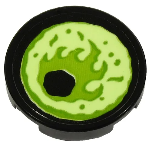 Tile, Round 2 x 2 with Bottom Stud Holder with Yellowish Green Eye on Black Background Pattern Model Left Side (Sticker) - Set 70432
