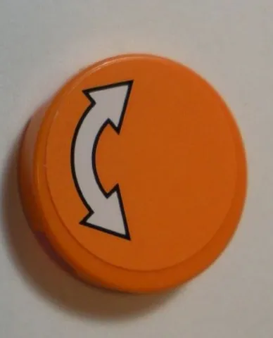 Tile, Round 2 x 2 with Bottom Stud Holder with White Curved Arrow Double with Black Outline on Orange Background Pattern (Sticker) - Set 60062