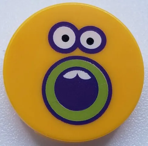 Tile, Round 2 x 2 with Bottom Stud Holder with Sunflower Face, Dark Purple and Lime Outlined Open Mouth and Eyes Pattern