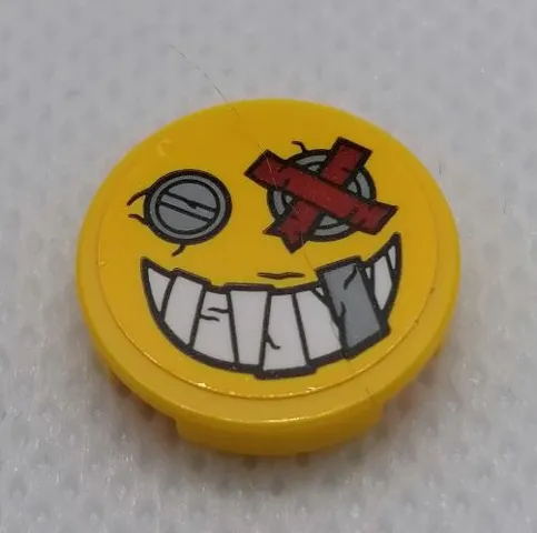Tile, Round 2 x 2 with Bottom Stud Holder with Smile Face, Metal Plate Eyes, Teeth and Red Bandage Pattern (Sticker) - Set 75977
