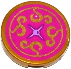 Tile, Round 2 x 2 with Bottom Stud Holder with Magenta Cushion with Medium Lavender Button and Gold Swirls Pattern (Sticker) - Set 41061
