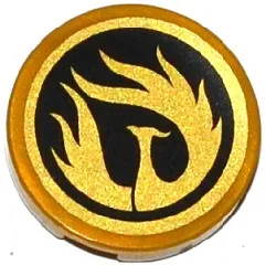 Tile, Round 2 x 2 with Bottom Stud Holder with Gold Phoenix Flames on Black Background in Gold Circle Pattern (Sticker) - Set 70750