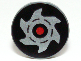 Tile, Round 2 x 2 with Bottom Stud Holder with Red Circle and Silver Saw Blade on Black Background Pattern