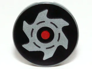 Tile, Round 2 x 2 with Bottom Stud Holder with Red Circle and Silver Saw Blade on Black Background Pattern