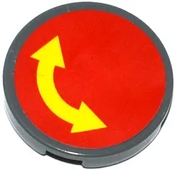 Tile, Round 2 x 2 with Bottom Stud Holder with Yellow Curved Arrow Double on Red Background Pattern (Sticker) - Sets 60076 / 60166