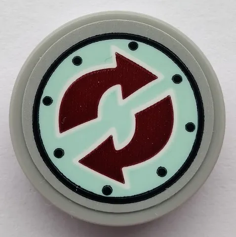 Tile, Round 2 x 2 with Bottom Stud Holder with Dark Red Arrows and Black Dots Pattern (Sticker) - Set 75551