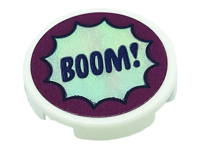 Tile, Round 2 x 2 with Bottom Stud Holder with 'BOOM!' in Silver Starburst on Magenta Background Pattern (Sticker) - Set 41685