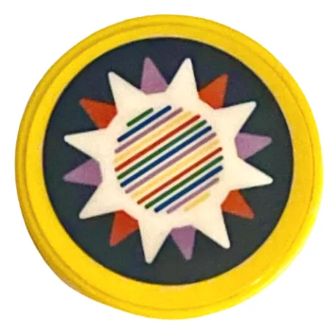 Tile, Round 2 x 2 with Bottom Stud Holder with Lavender, Red, and White Star with Barcode on Dark Blue Background Pattern (Sticker) - Set 71395