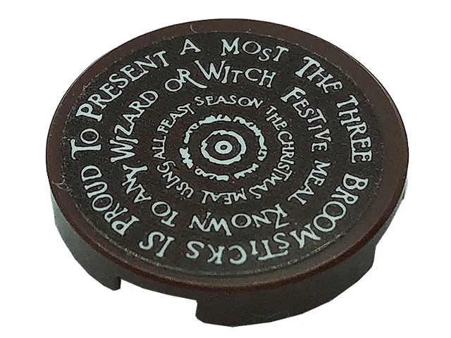 Tile, Round 2 x 2 with Bottom Stud Holder with White 'THE THREE BROOMSTICKS' Pattern (Sticker) - Set 76388