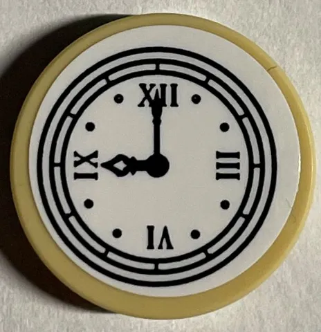 Tile, Round 2 x 2 with Bottom Stud Holder with Clock Face (Time 9:00) with Black Hands and Roman Numerals on White Background Pattern (Sticker) - Set 21330