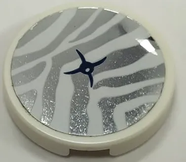 Tile, Round 2 x 2 with Bottom Stud Holder with Cushion with White Tiger Stripes and Black Button on Silver Mirrored Background Pattern (Sticker) - Set 41341