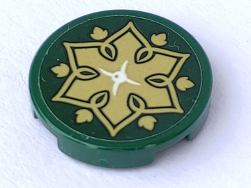 Tile, Round 2 x 2 with Bottom Stud Holder with Cushion with White Button, Gold Flower and Leaves on Dark Green Background Pattern (Sticker) - Set 41075