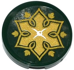 Tile, Round 2 x 2 with Bottom Stud Holder with Cushion with White Button, Gold Flower and Leaves on Transparent Background Pattern (Sticker) - Set 41075